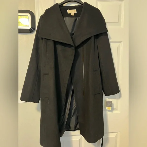 Michael Kors Women’s Black Asymmetrical Belted Wrap Coat - Picture 4 of 5